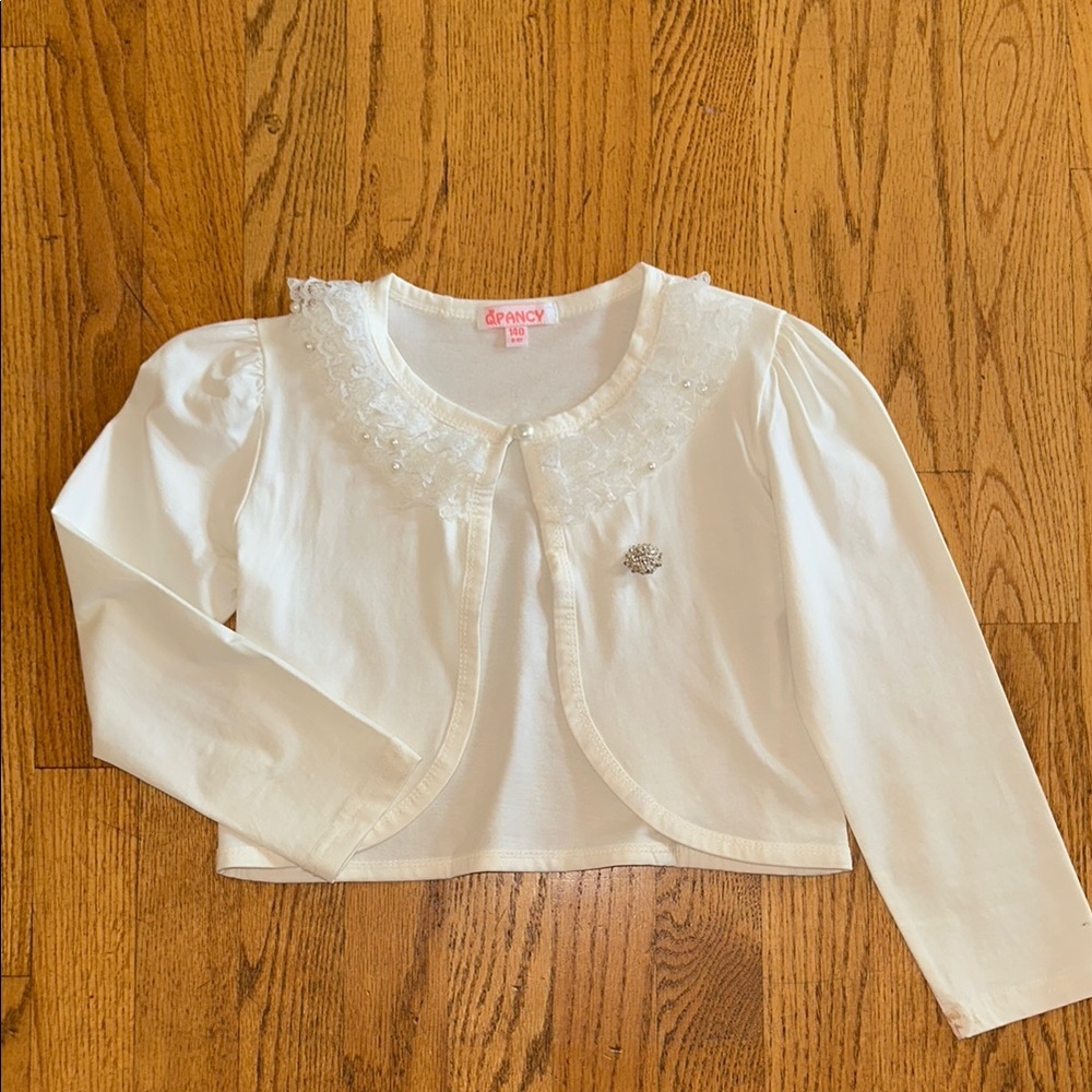 White Knit Cropped Cardigan Sweater with Decorative Detail